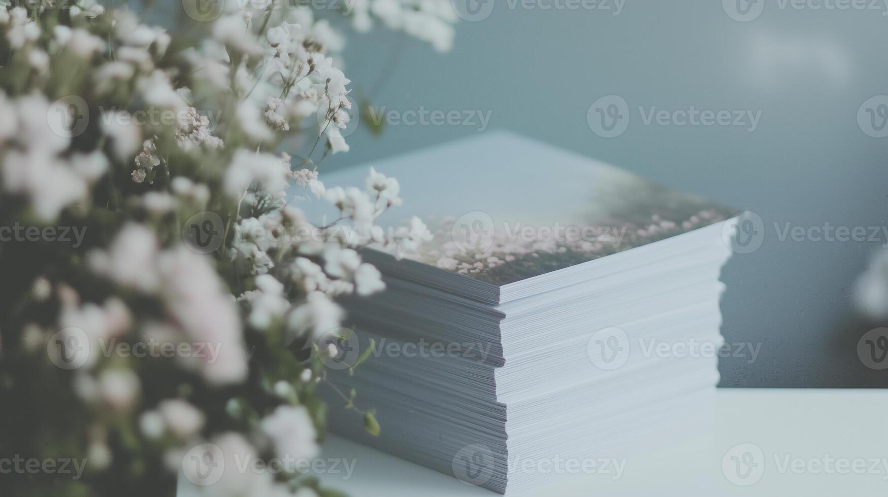 Stack of cards with flowers in the background photo