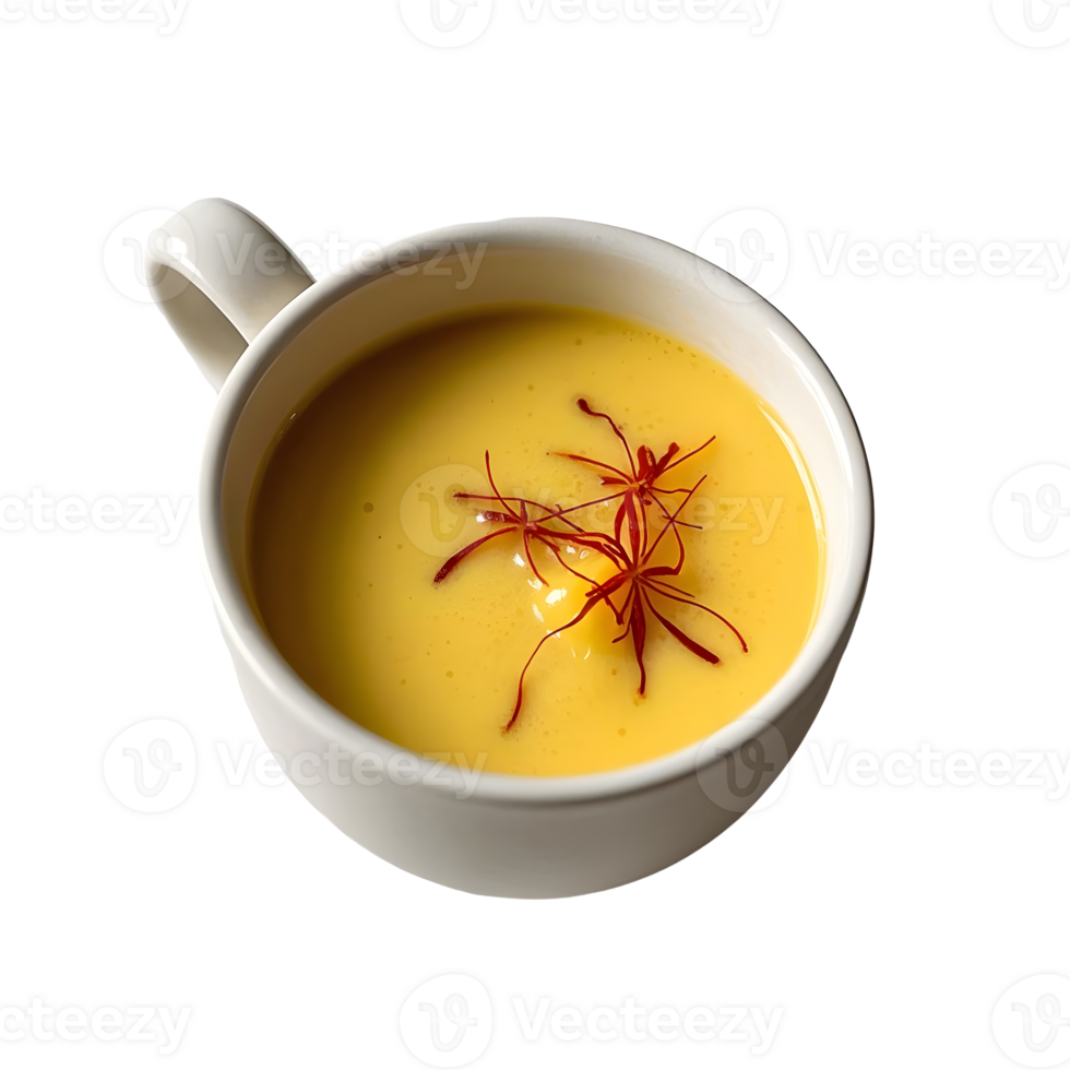A white cup filled with soup and garnished with saffron png