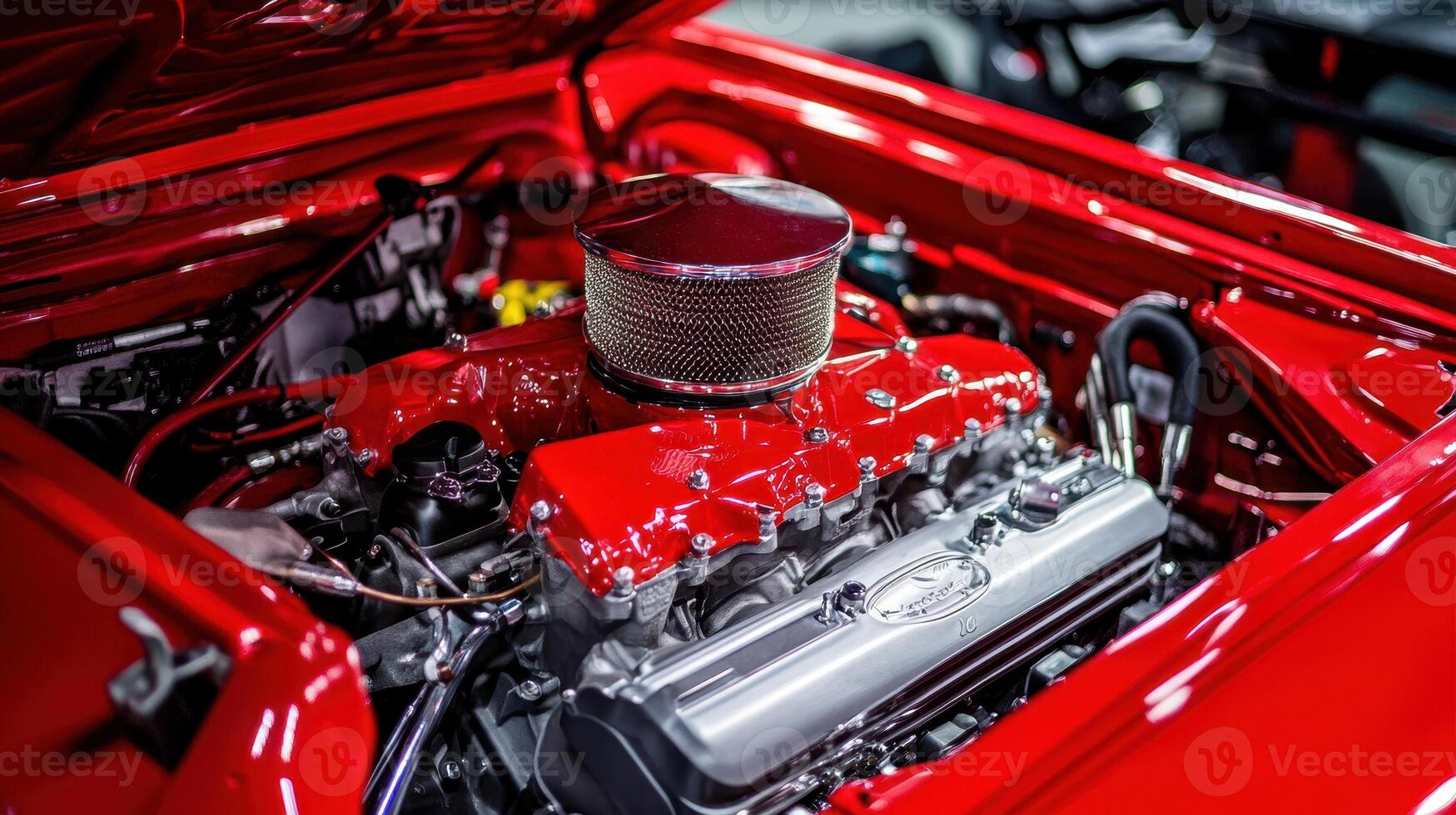 Close-up of a vibrant red engine with a polished chrome intake, showcasing intricate details and mechanical components. photo