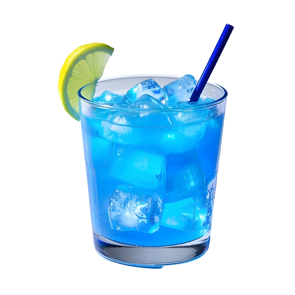 Blue drink with ice and lemon slice png