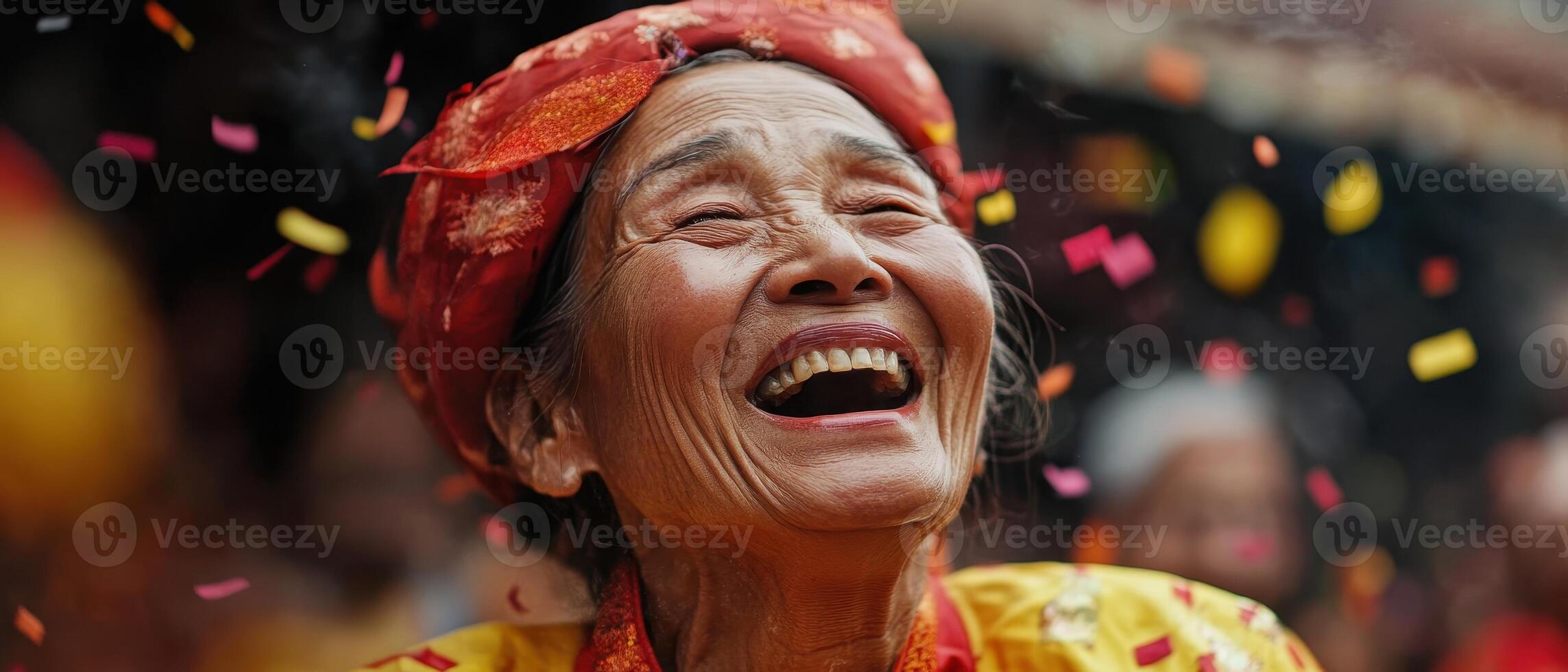 A joyful elderly woman in vibrant attire, laughing amidst colorful confetti, capturing the essence of celebration and happiness. photo