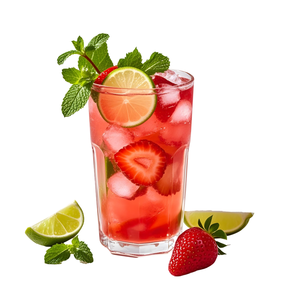 A glass of strawberry mojito with lime slices png