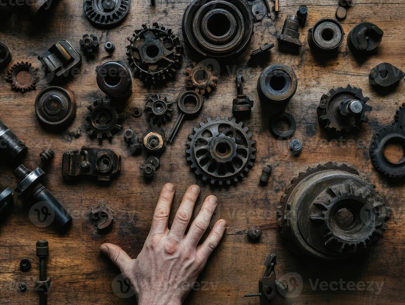 A variety of mechanical parts and tools scattered on a wooden surface, with a hand reaching out to touch them. photo