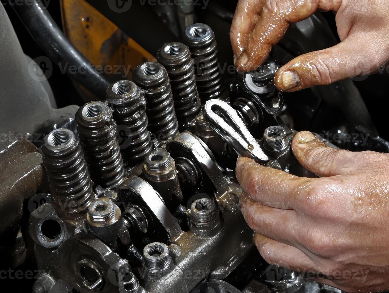 Hands engage in mechanical work on an engine component, showcasing intricate machinery and maintenance. photo