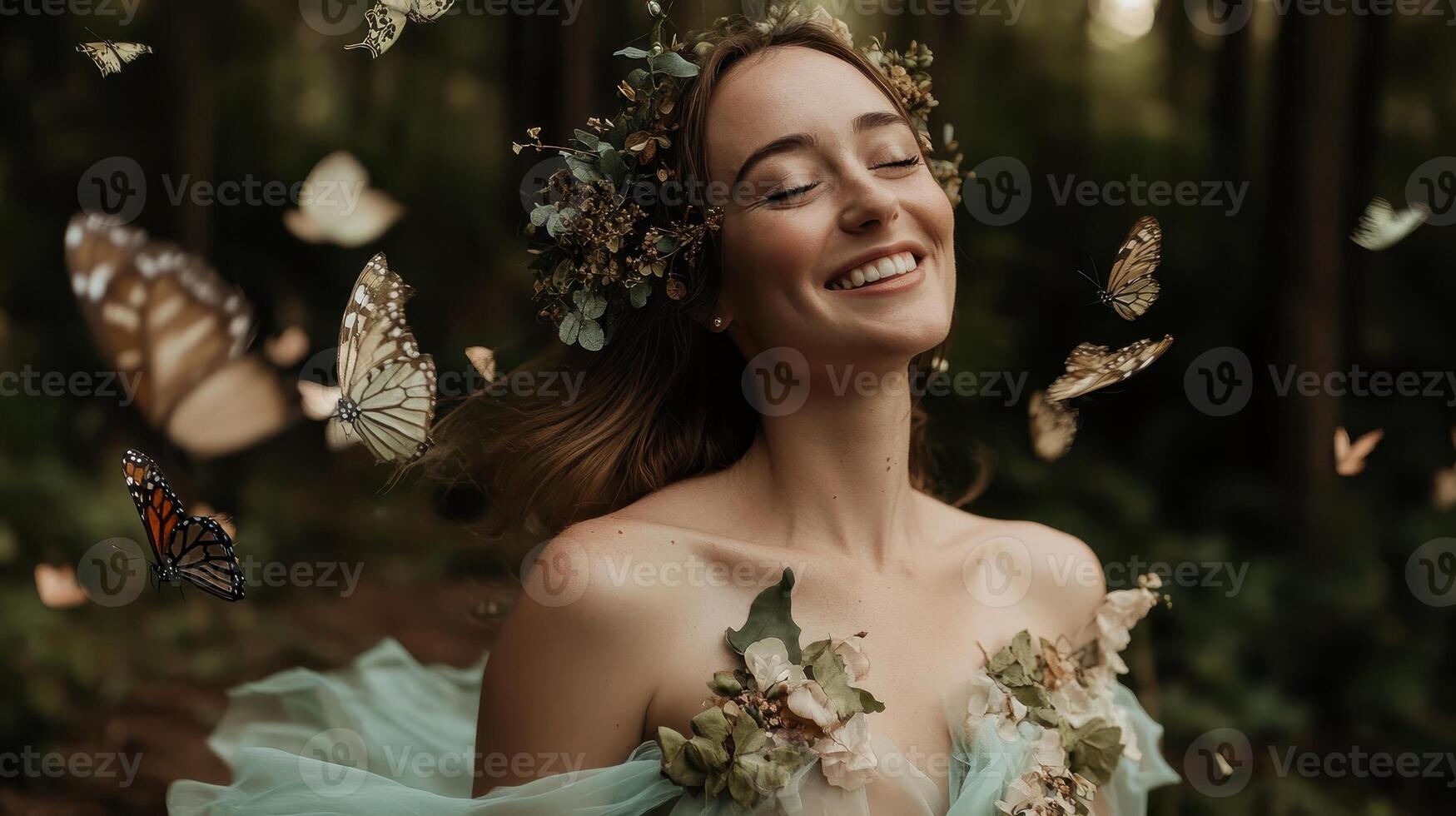 A joyful woman surrounded by butterflies in a serene forest, adorned with floral elements, embodying nature and beauty. photo