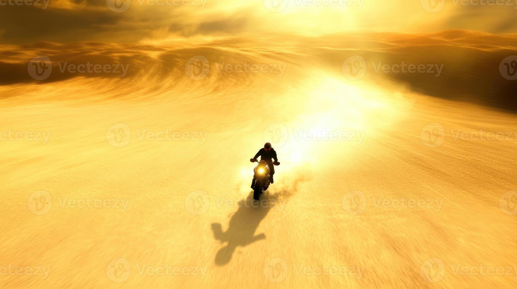 A motorcyclist races through a vast desert landscape under a golden sky, creating a sense of freedom and adventure. photo