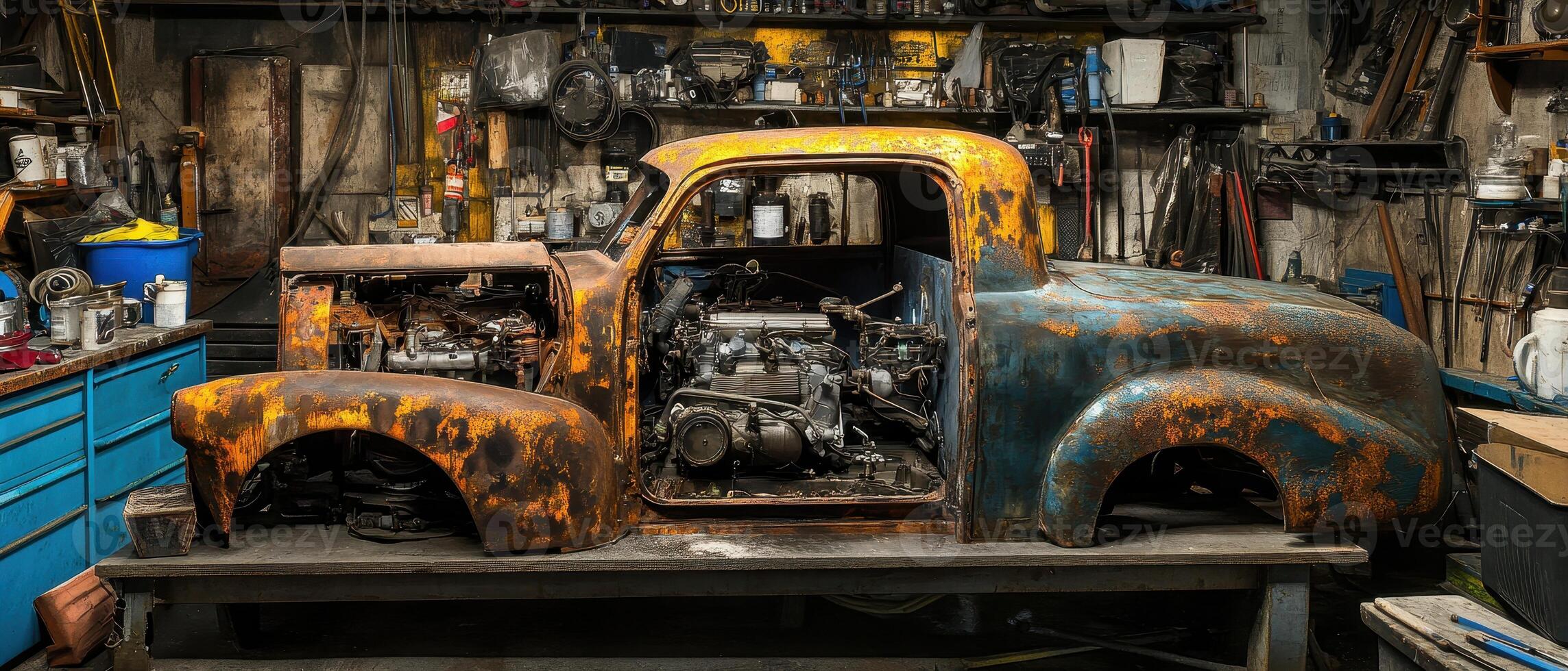 Old, rusted car in a cluttered workshop, showcasing an industrial atmosphere filled with tools and parts. photo