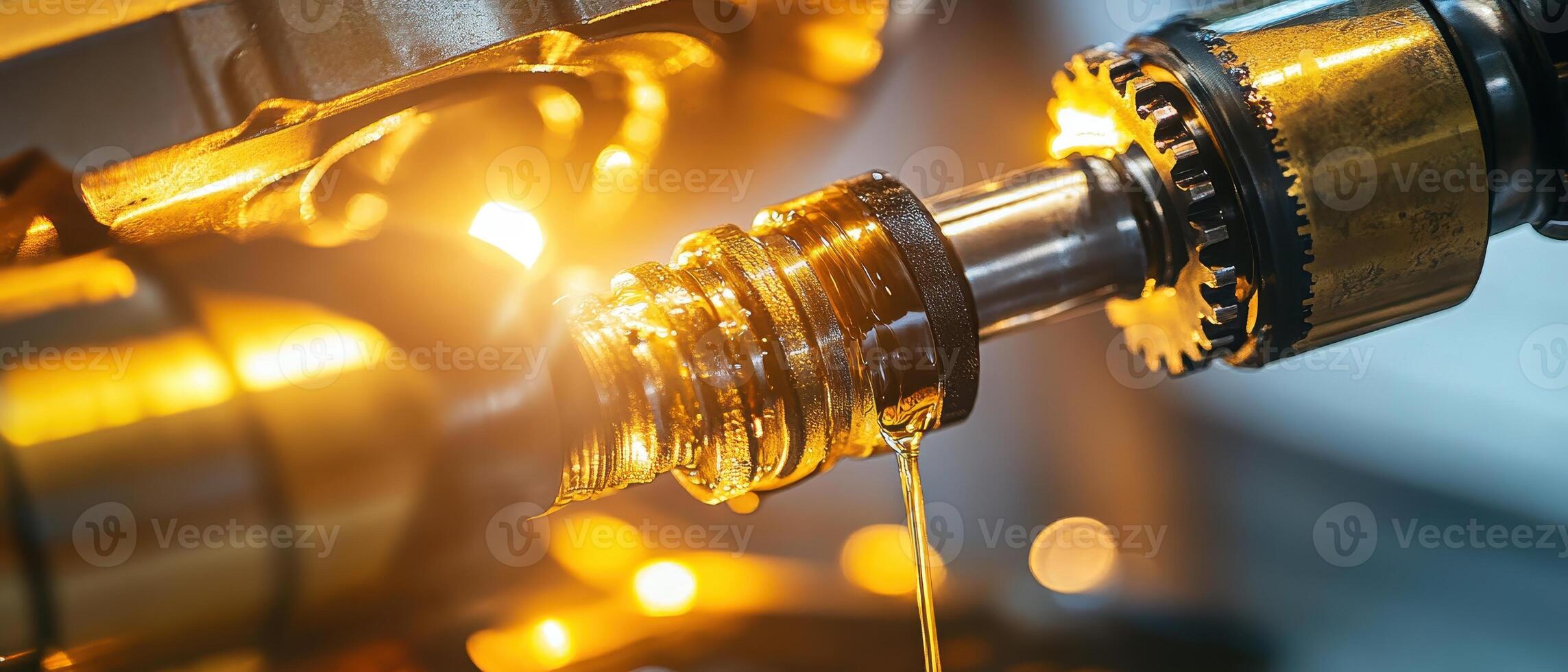 Close-up of a lathe machine cutting metal, with illuminated gears and oil flowing, showcasing precision engineering in action. photo