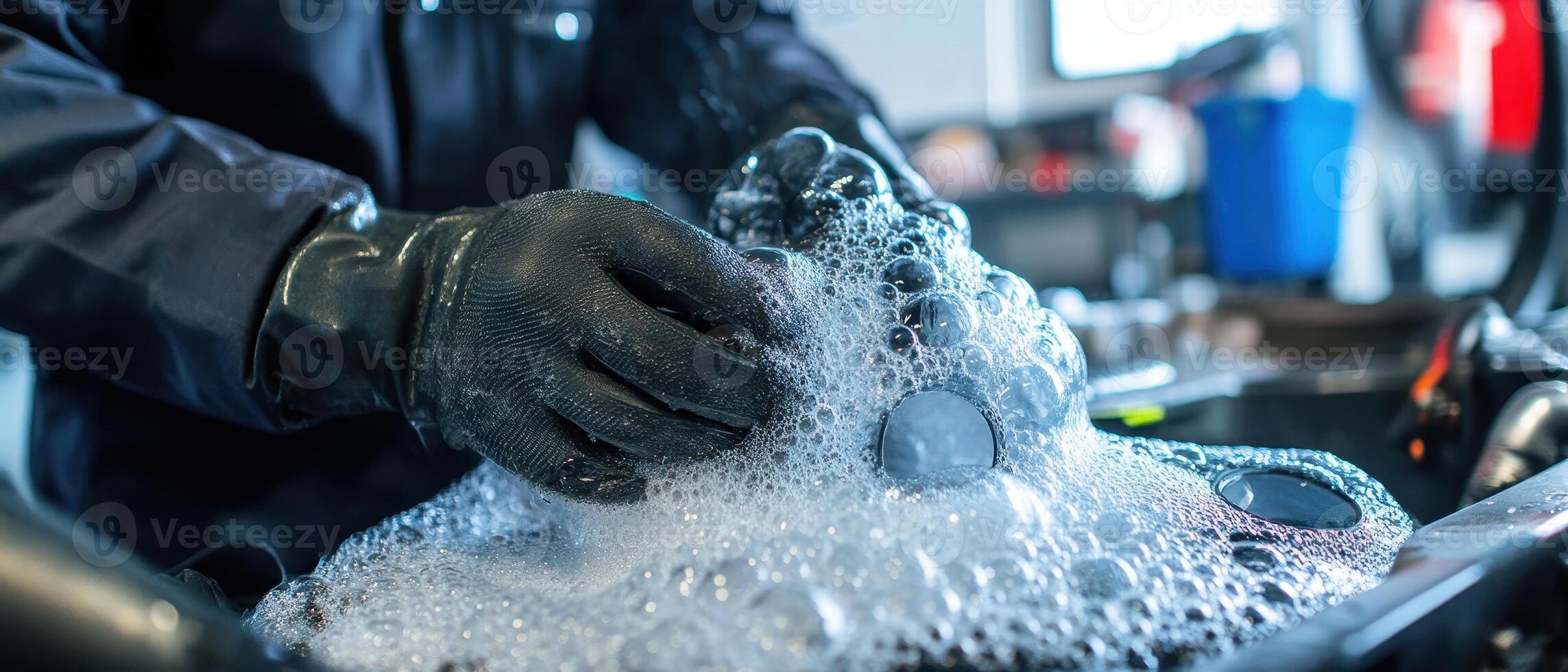 A mechanic's hands covered in soap bubbles while cleaning automotive parts in a workshop setting. photo