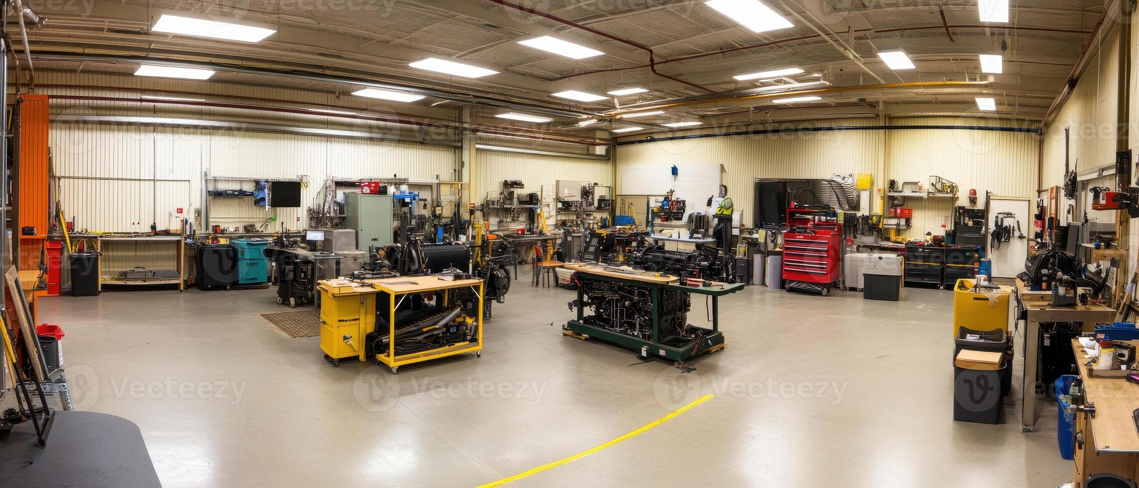 A spacious workshop filled with various tools and equipment, showcasing a well-organized industrial environment. photo
