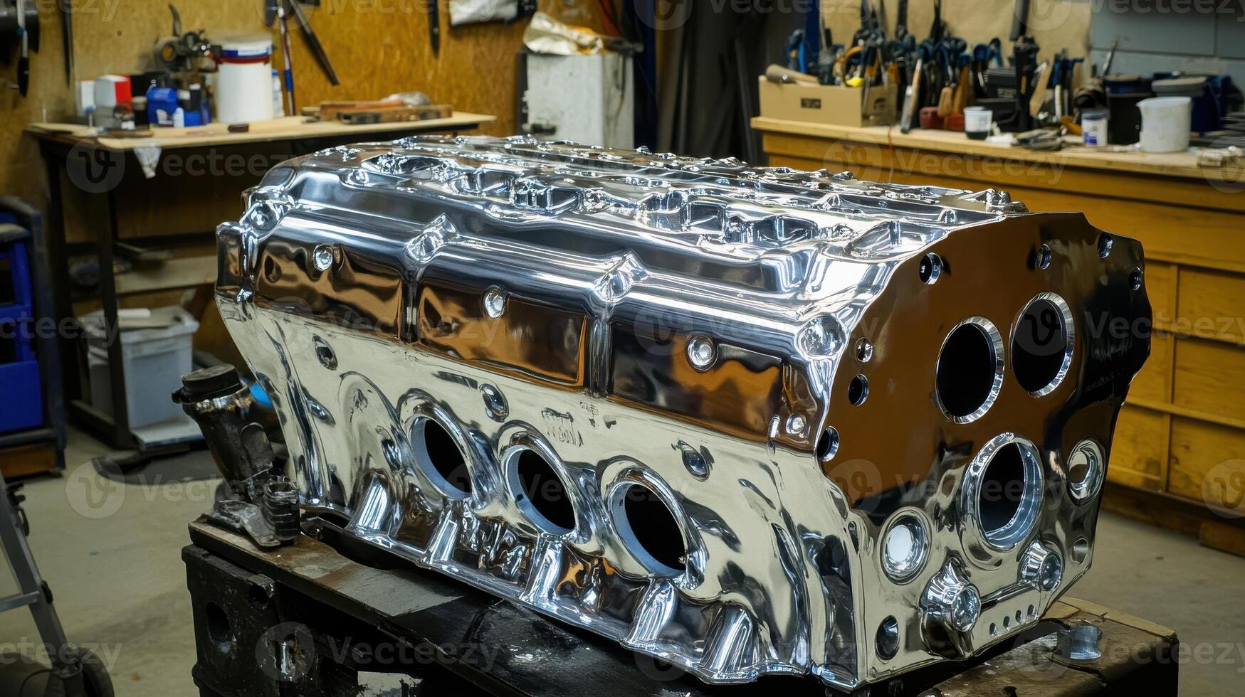 Shiny chrome engine block displayed in a workshop, showcasing detailed craftsmanship and industrial setting. photo