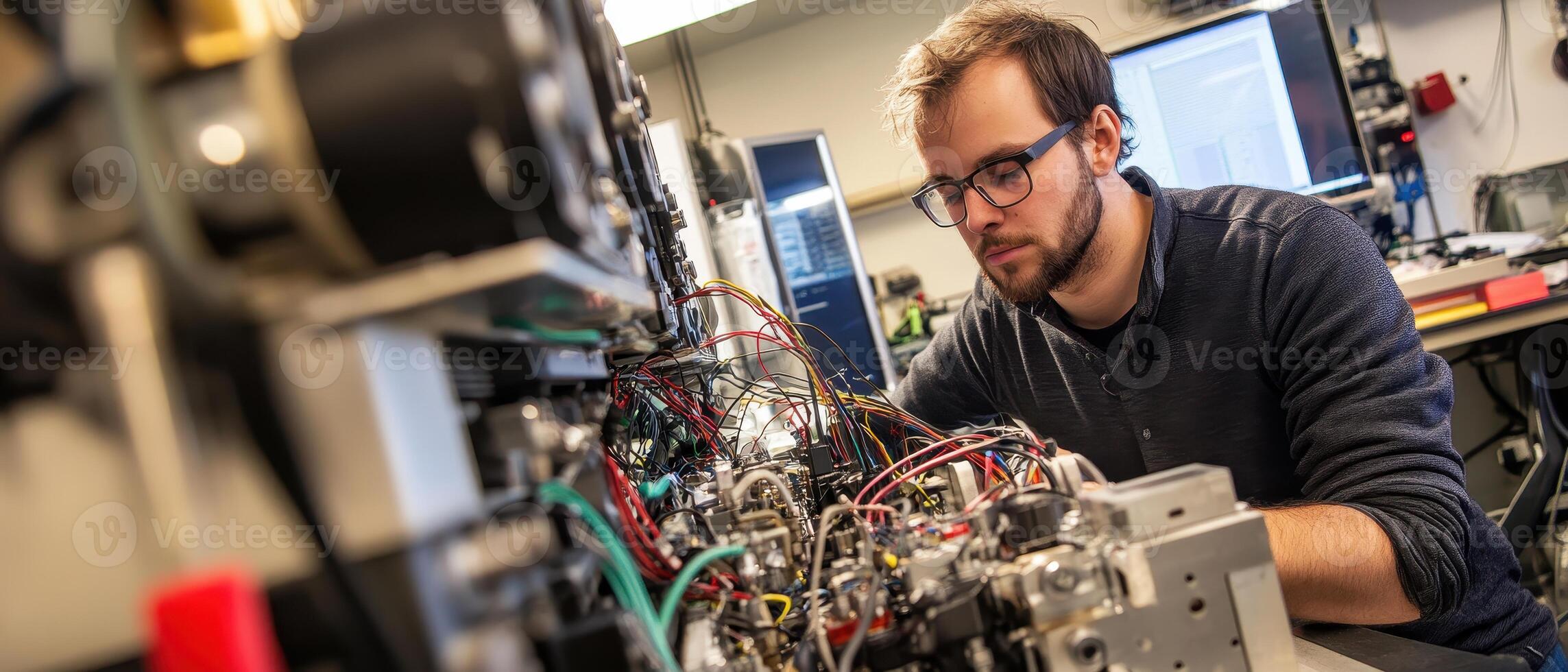A technician works intently on a complex machine, surrounded by wires and tools, in a modern lab environment. photo