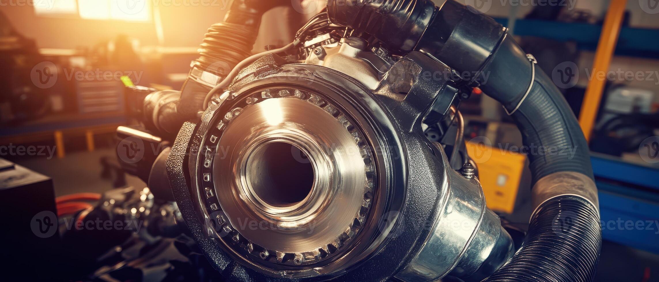 Close-up of a mechanical component with intricate details, showcasing industrial design and engineering in a workshop setting. photo
