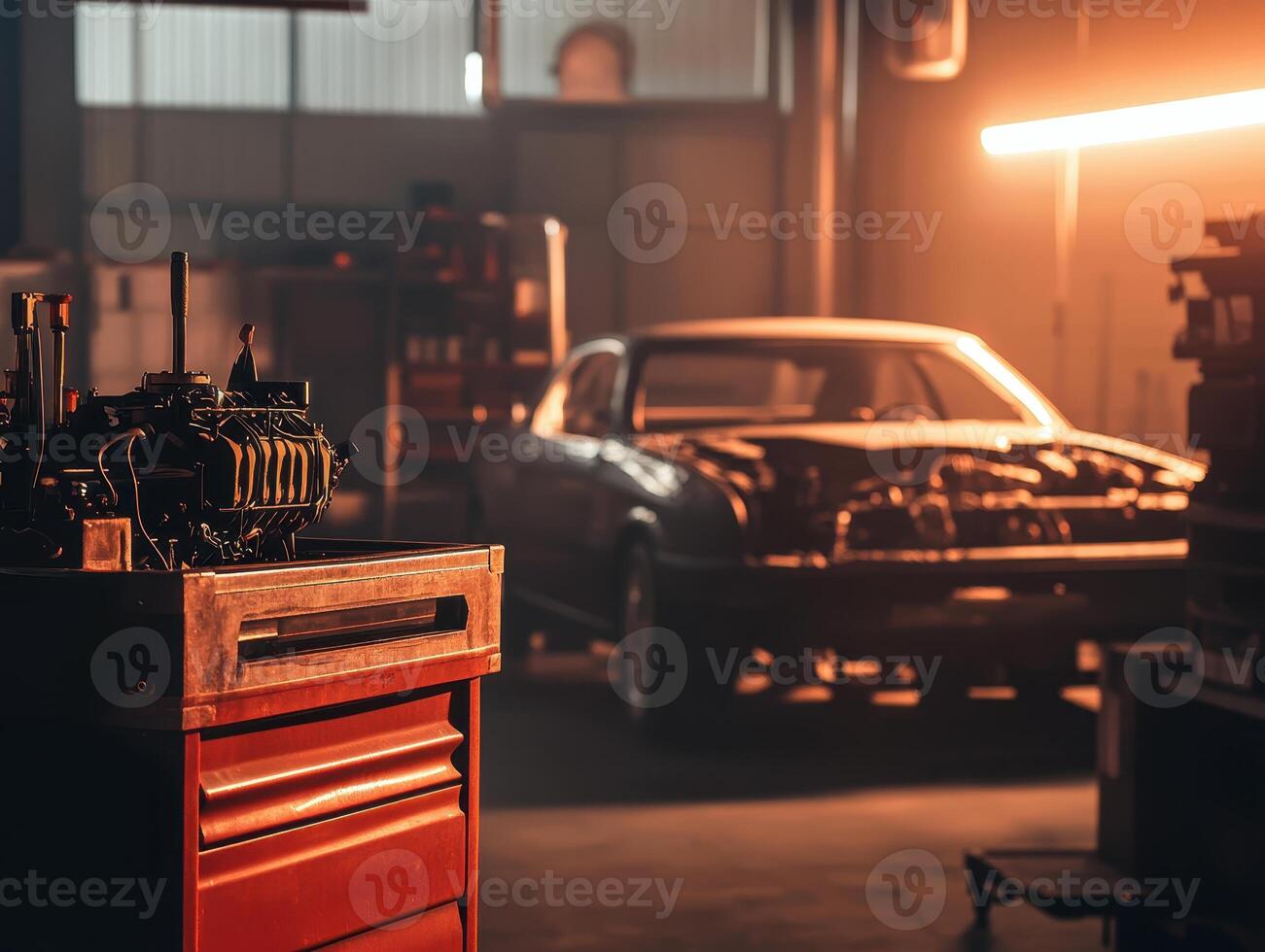 A dimly lit garage featuring a workbench with an engine and a vintage car in the background, creating a nostalgic automotive atmosphere. photo