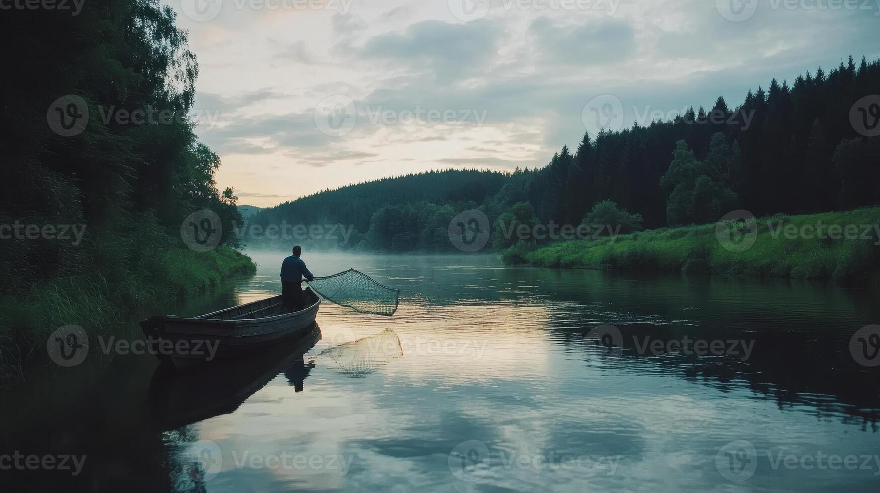 A serene scene of a lone fisherman in a boat on a calm river, surrounded by lush greenery and a misty forest backdrop during twilight. photo