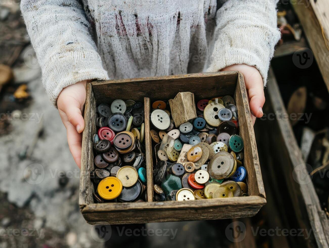 Emotional Value Concept. A person holds a wooden box filled with various colorful buttons, showcasing a collection of different shapes and sizes. photo