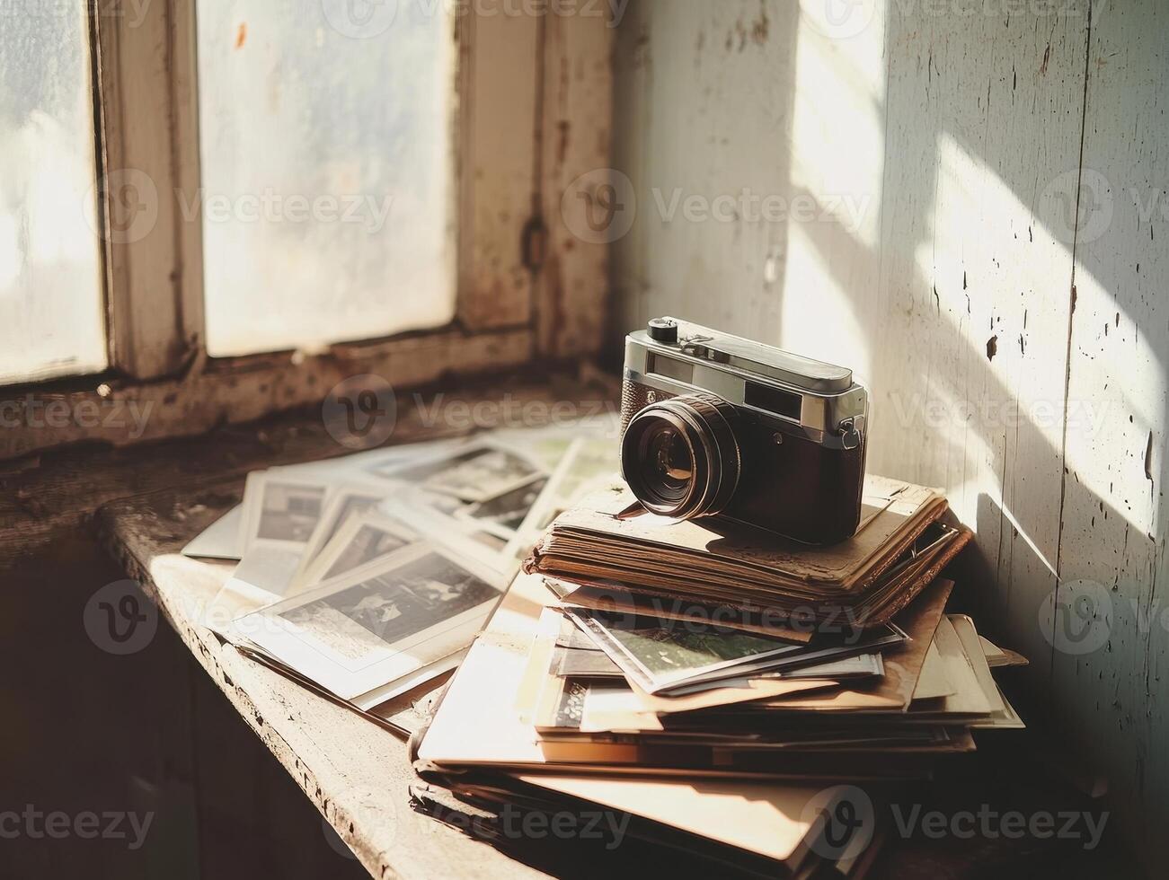 Emotional Value Concept. A vintage camera sits atop a stack of old photographs near a sunlit window, creating a nostalgic atmosphere. photo