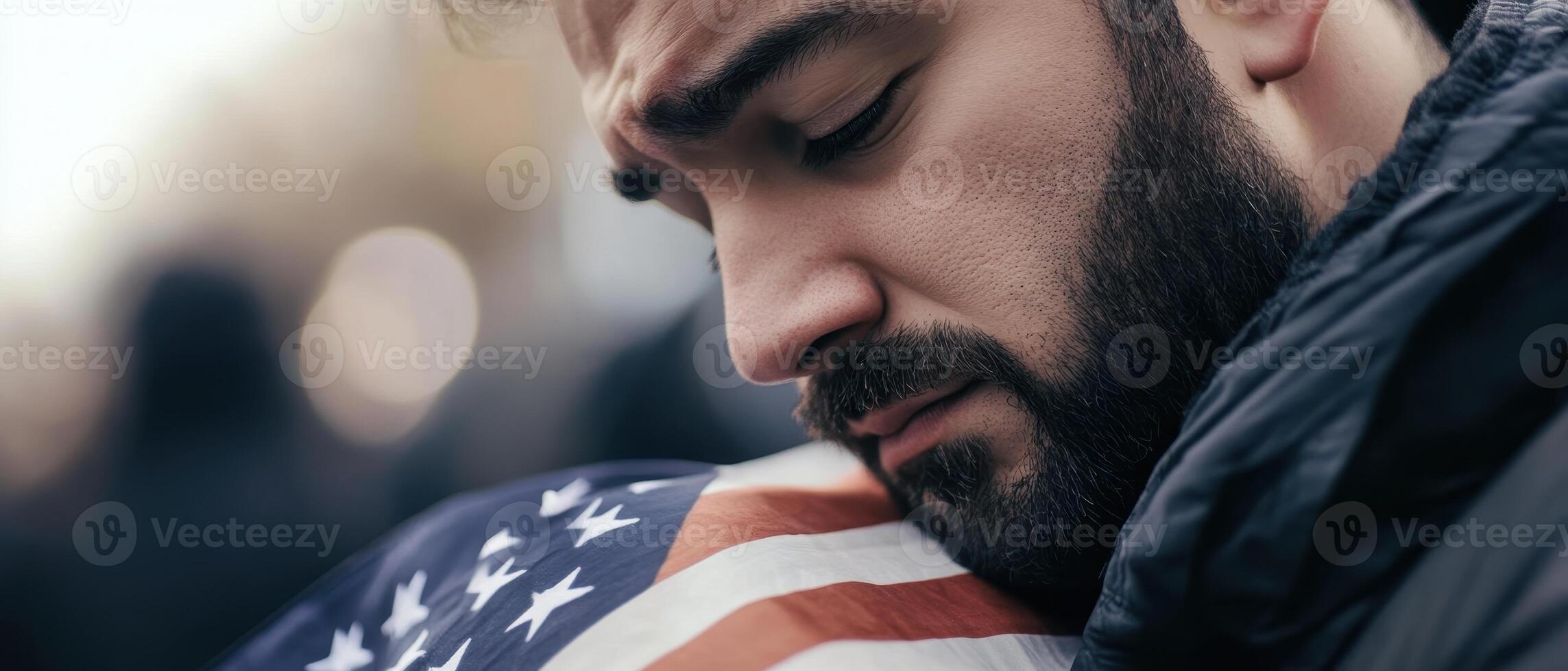 Emotional Value Concept. A man embraces a person draped in an American flag, conveying strong emotions and a sense of unity during a poignant moment. photo