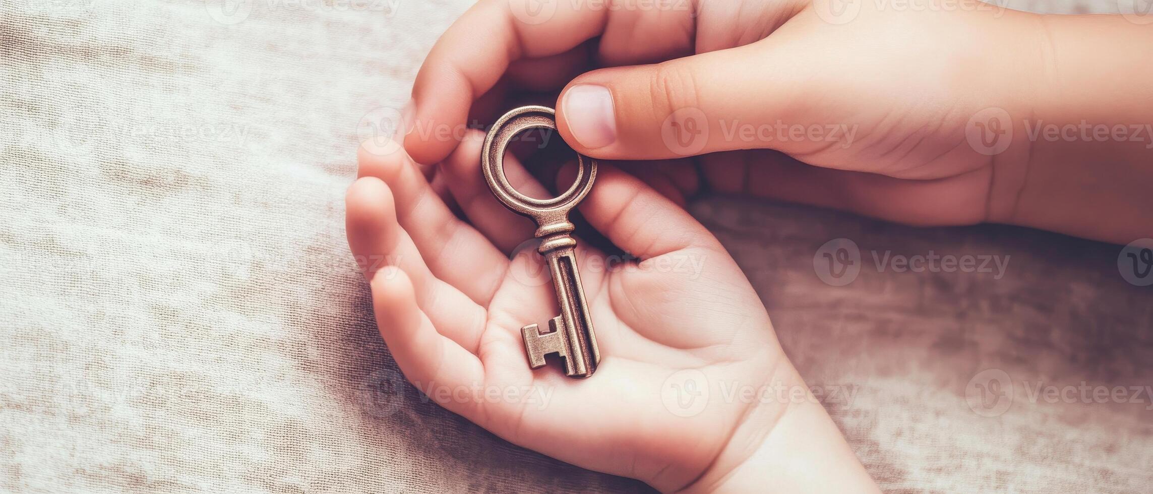 Emotional Value Concept. A child's hands gently hold a vintage key, symbolizing curiosity and the unlocking of potential or secrets. photo