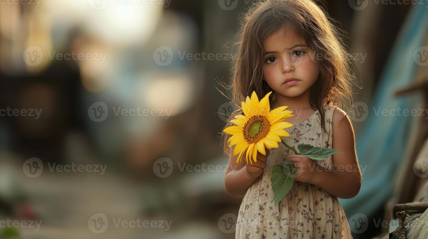Emotional Value Concept. A young girl holds a vibrant sunflower, looking thoughtfully at the camera in a rustic outdoor setting. photo