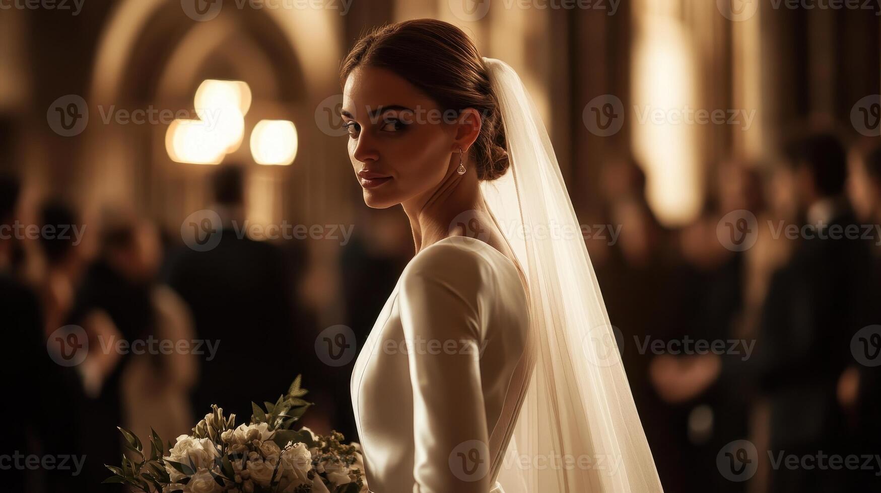 Elegant bride in a wedding dress, holding a bouquet, captured in a softly lit venue with guests in the background. photo
