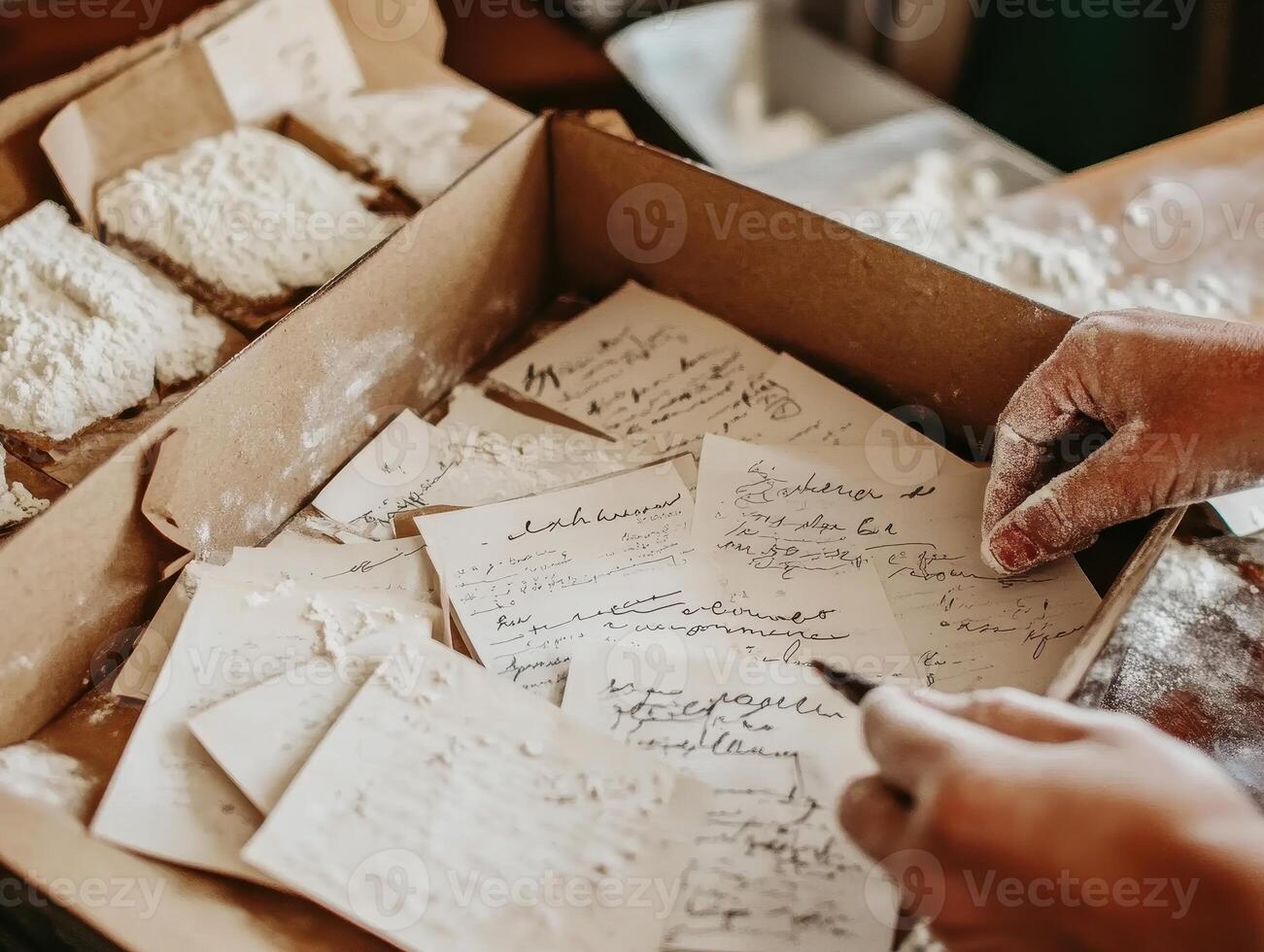 Emotional Value Concept. Old handwritten notes are sorted in a cardboard box, surrounded by flour or baking ingredients, showcasing a nostalgic atmosphere. photo