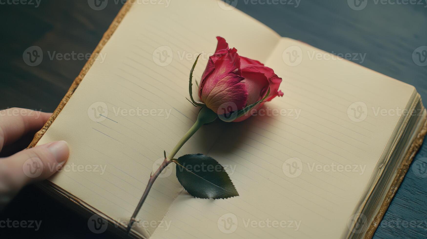 Emotional Value Concept. A hand holding a rose placed on an open book, symbolizing love, romance, and nostalgia. photo