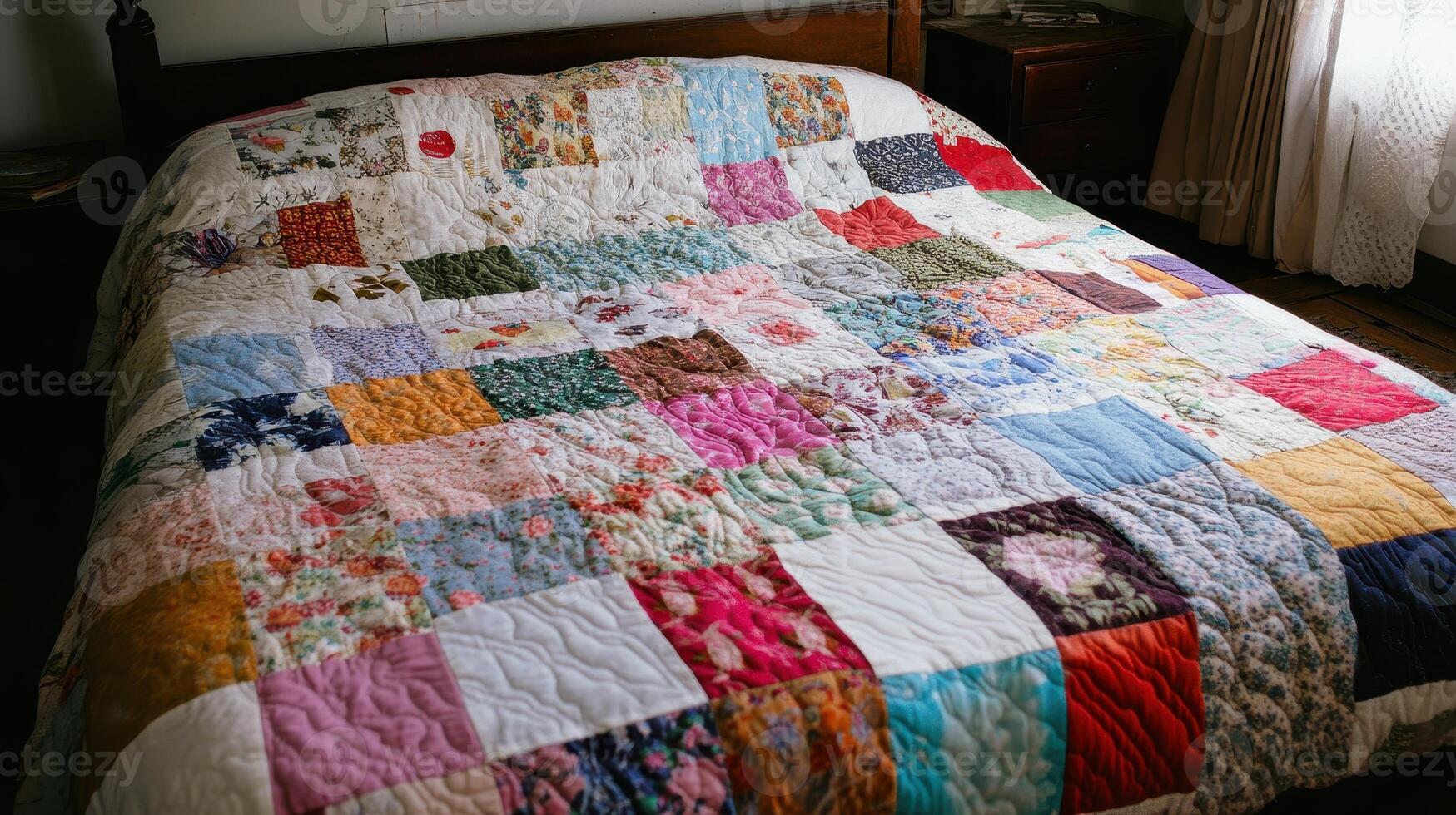 Emotional Value Concept. A colorful patchwork quilt covers a bed, showcasing various fabric patterns and textures in a cozy bedroom setting. photo