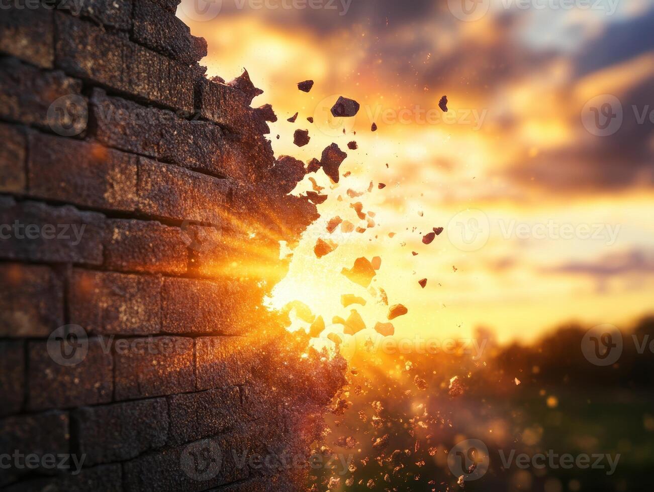 Dramatic Sunset with Crumbling Brick Wall and Flying Debris Capturing the Essence of Destruction and Renewal photo
