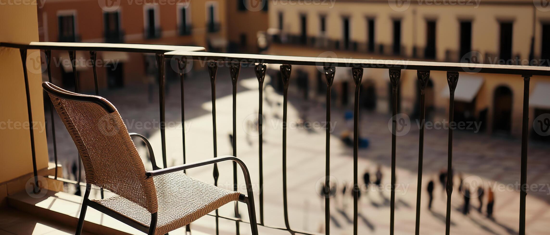 A serene balcony view overlooking a bustling square with people, featuring a single chair inviting relaxation. photo
