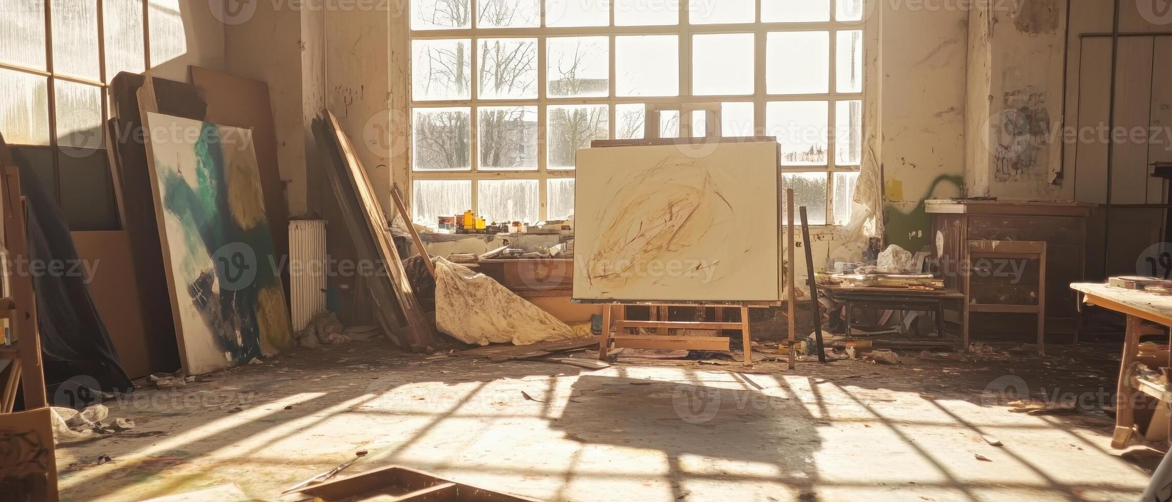 A sunlit artist's studio with an easel, scattered canvases, and a creative atmosphere, showcasing the beauty of artistic space. photo