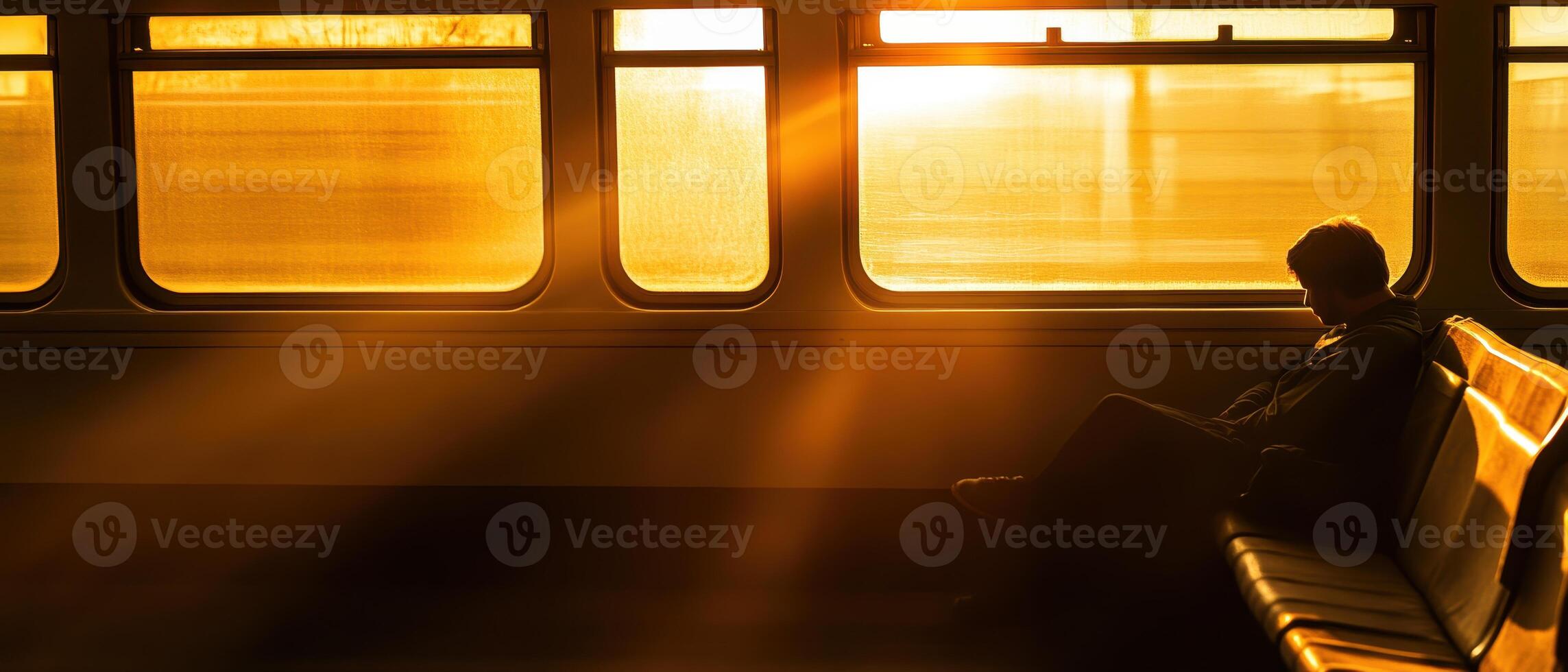 A serene silhouette of a person sitting on a train, bathed in warm golden sunlight filtering through the windows. photo