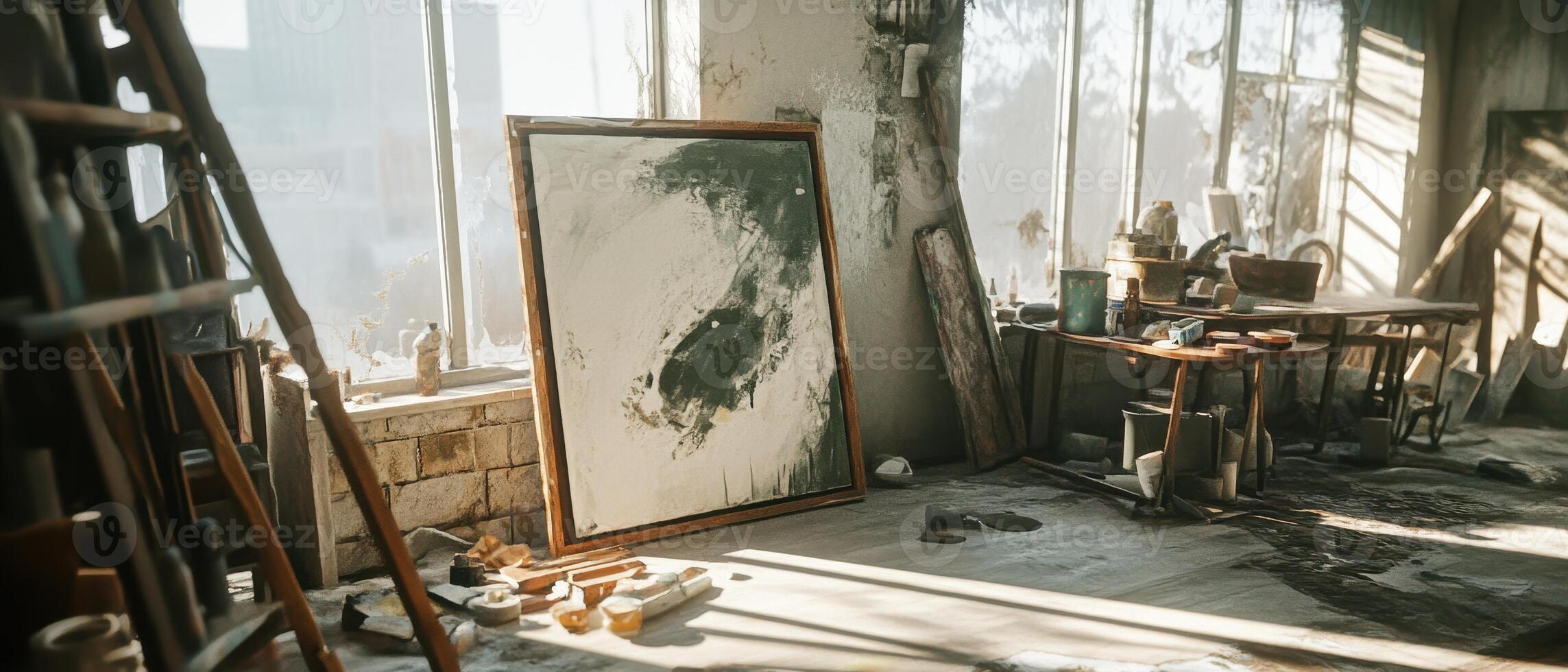 A sunlit artist's studio with scattered tools, an unfinished painting on the easel, and a rustic, creative atmosphere. photo