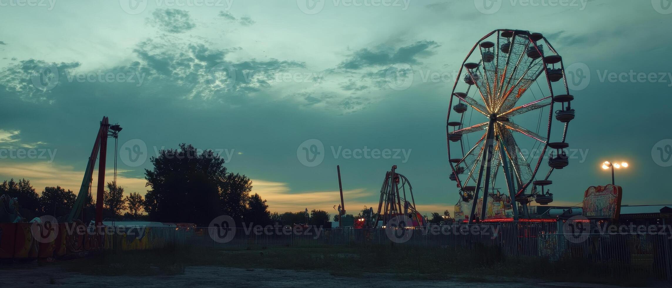 A serene evening scene featuring a ferris wheel and amusement rides under a cloudy sky, capturing a nostalgic carnival atmosphere. photo