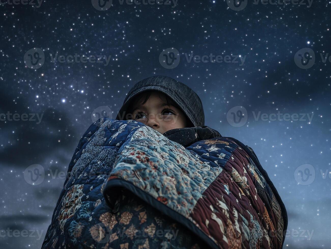 Emotional Value Concept. A child wrapped in a colorful blanket gazes up at a star-filled sky, capturing a moment of wonder and tranquility in the night. photo
