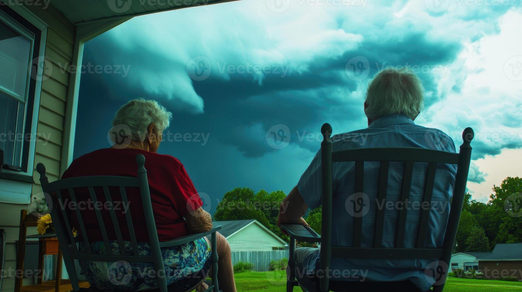 An elderly couple sits on rocking chairs, gazing at an approaching storm, capturing a moment of tranquility before the weather changes. photo
