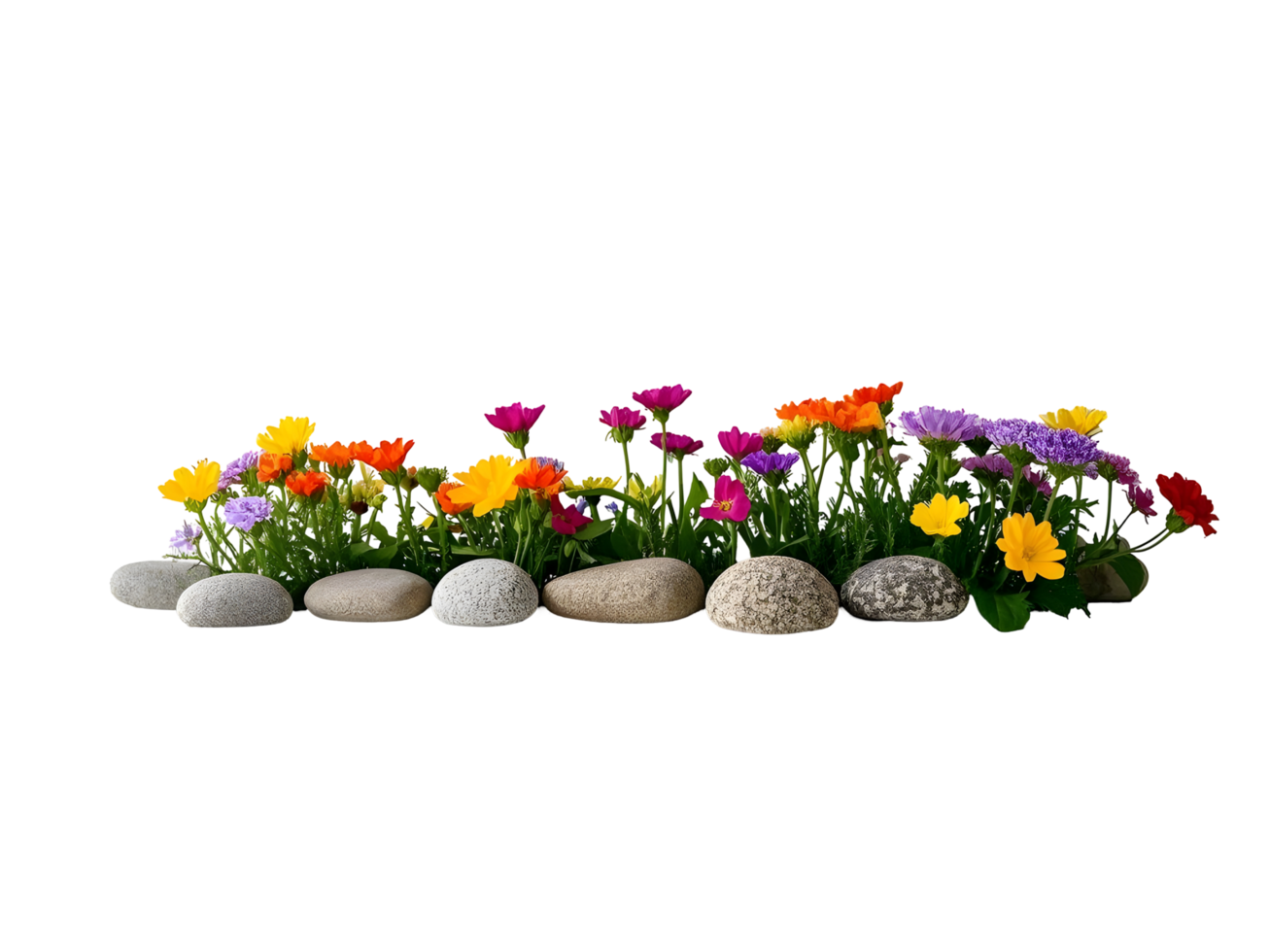 A row of colorful flowers and stones in a row png