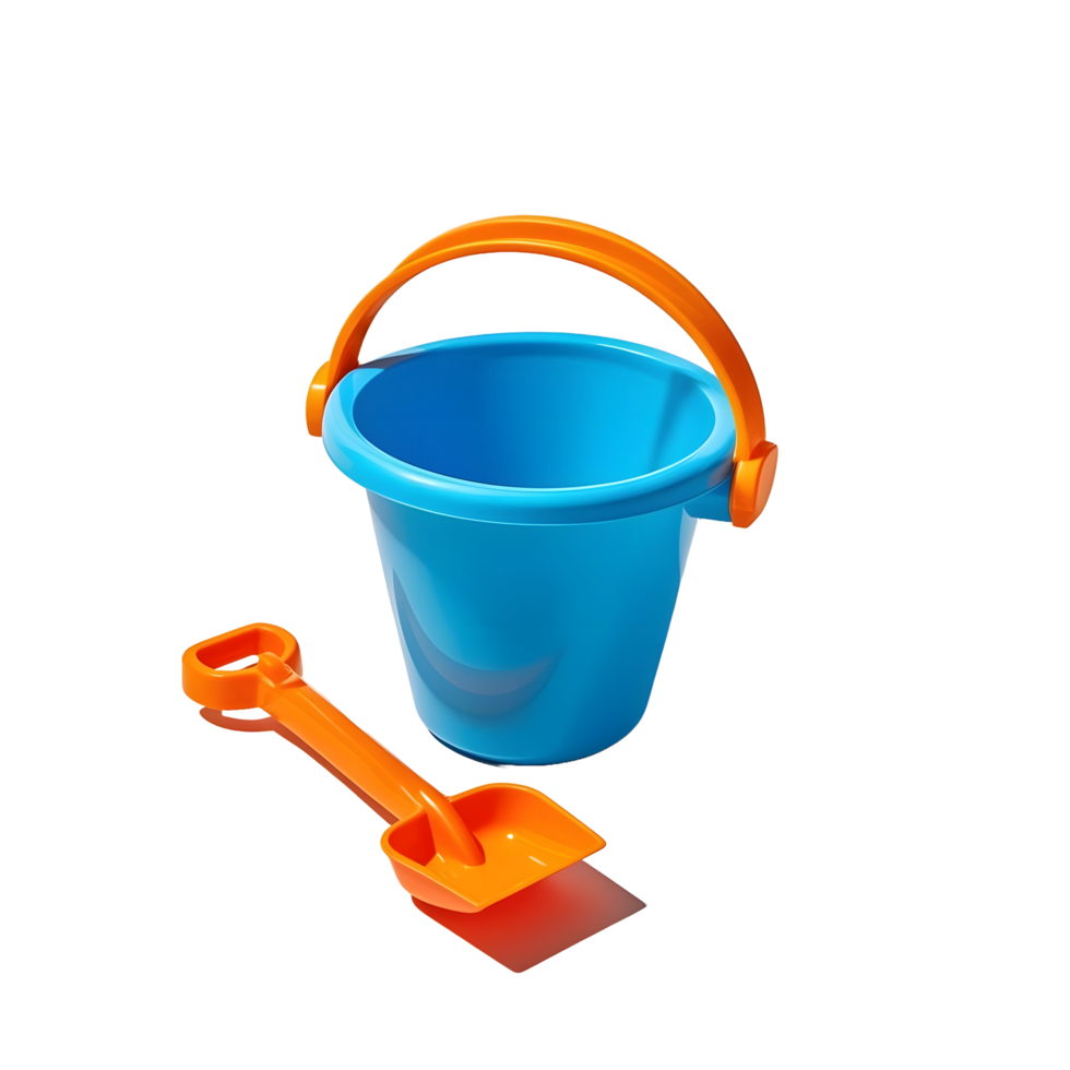 A blue bucket with an orange handle and shovel png