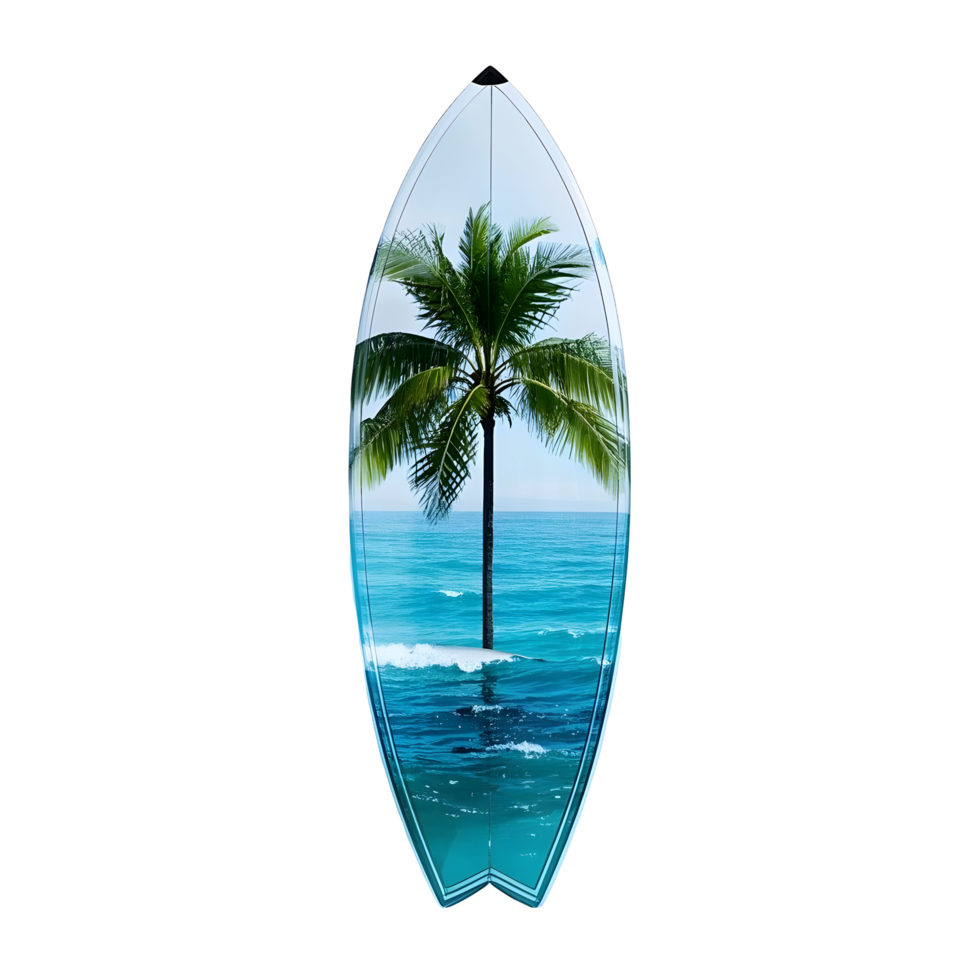 A surfboard with a palm tree in the ocean png