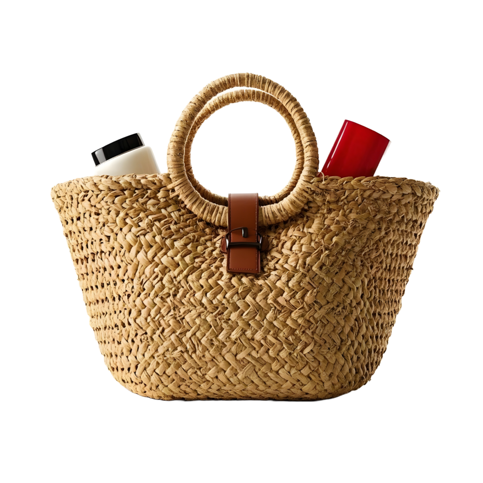A straw bag with a bottle of shampoo and a bottle of conditioner png