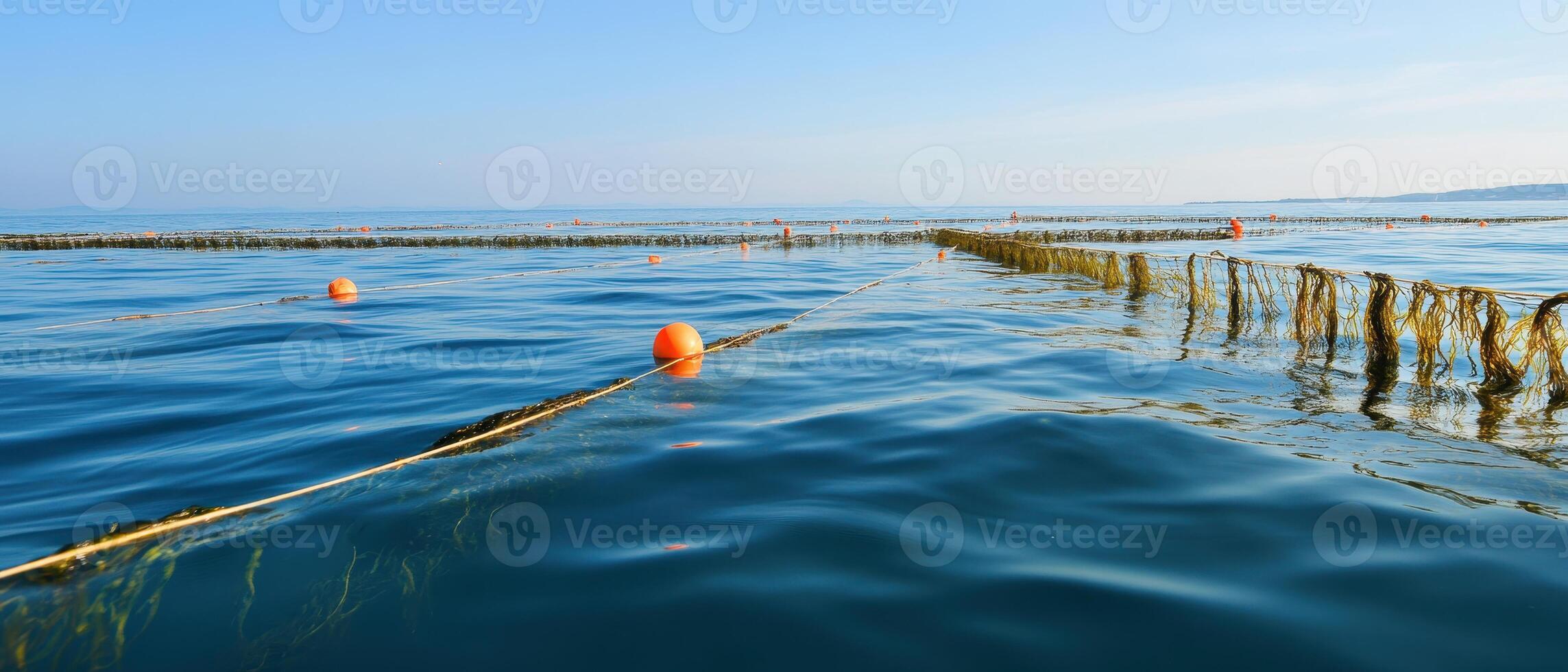 Calm water with orange buoys and a net, stretching into the horizon under a clear blue sky. photo