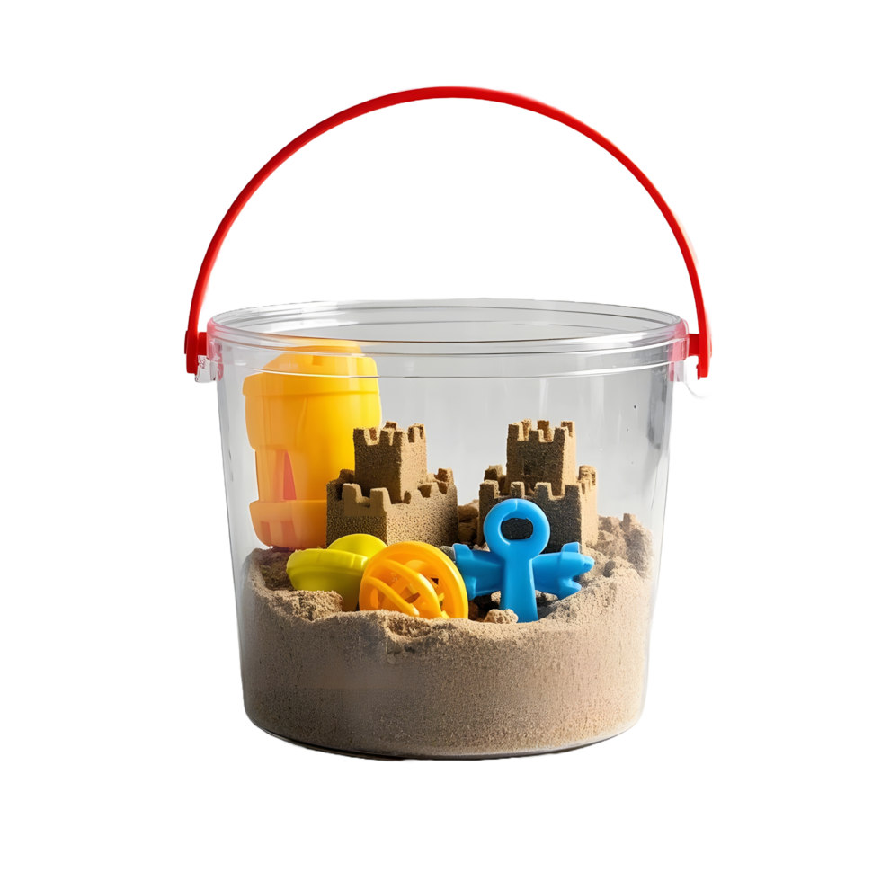 A bucket filled with sand and toys png