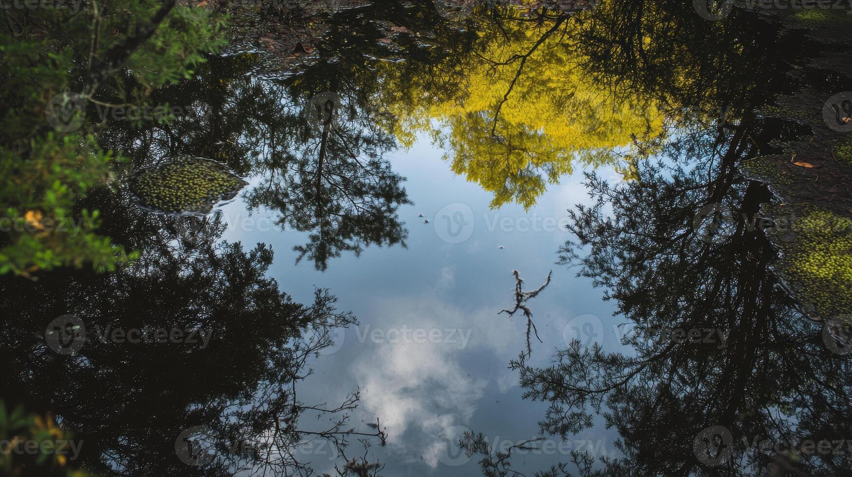 A serene reflection of trees and clouds in a calm water body, showcasing vibrant yellow leaves and a peaceful natural setting. photo