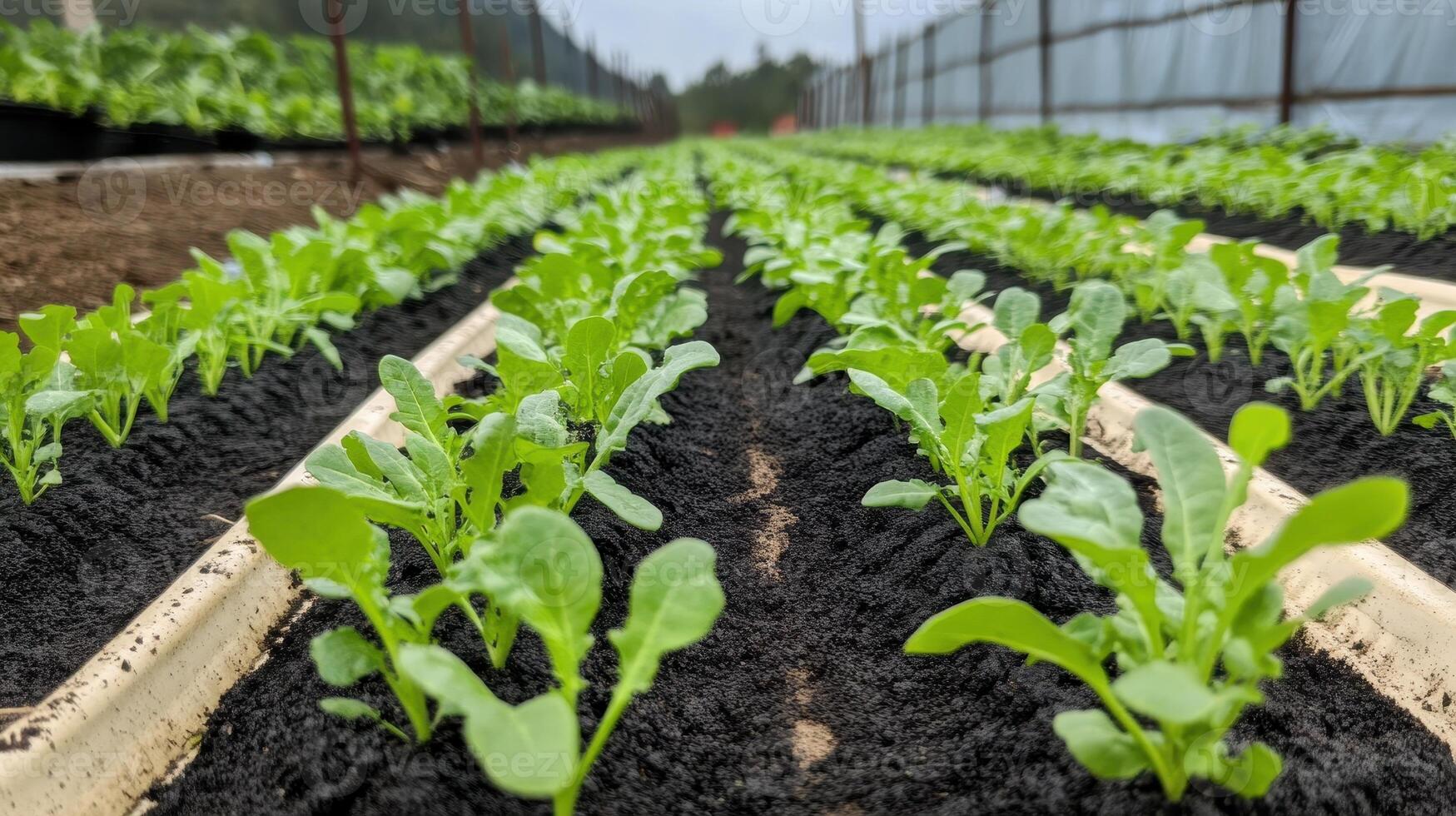 Lush green seedlings grow in neat rows within a greenhouse, showcasing vibrant agricultural growth and healthy soil. photo