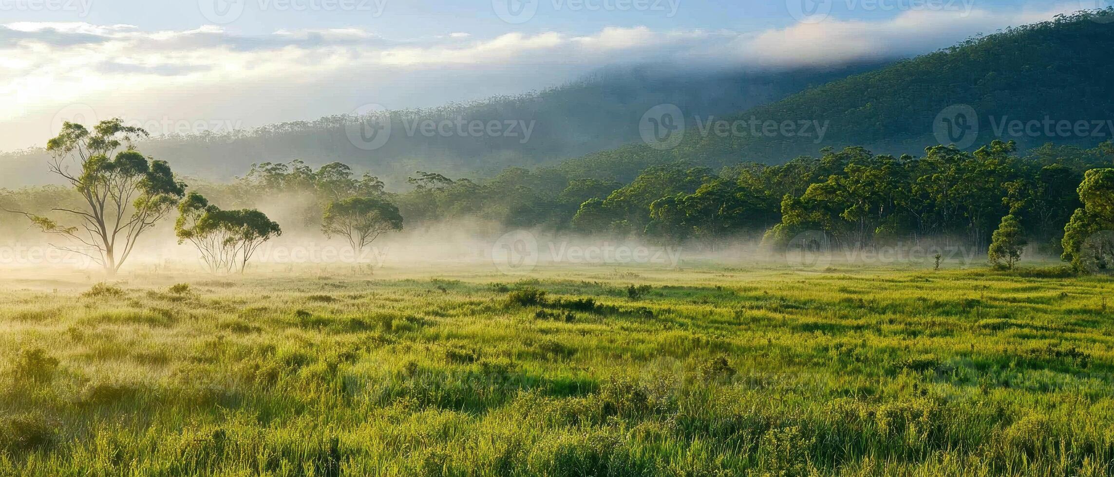 Serene landscape with lush green fields, misty morning light, and distant mountains creating a tranquil atmosphere. photo