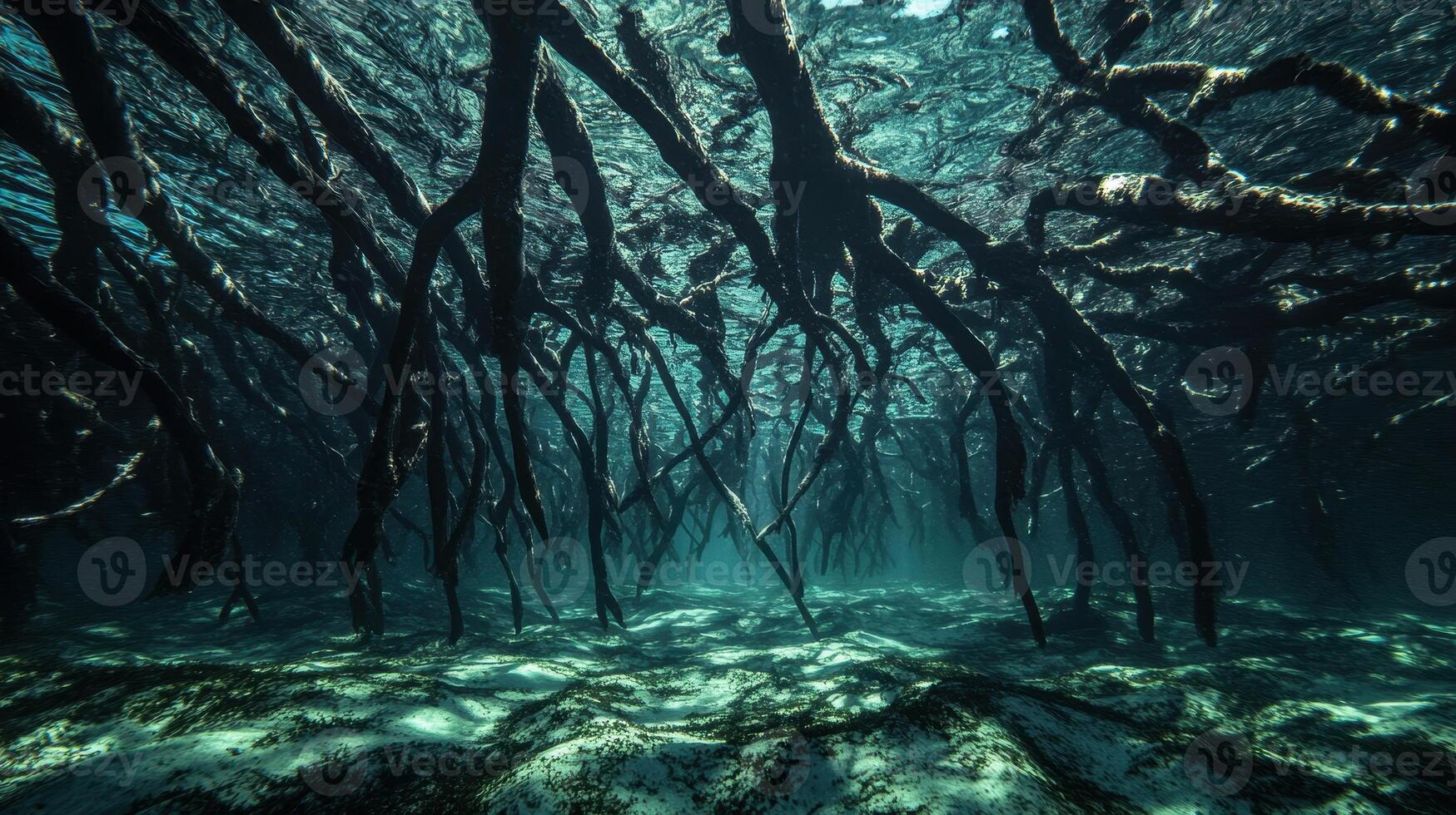 Underwater view of mangrove roots creating a mysterious ambiance in a serene aquatic environment. photo