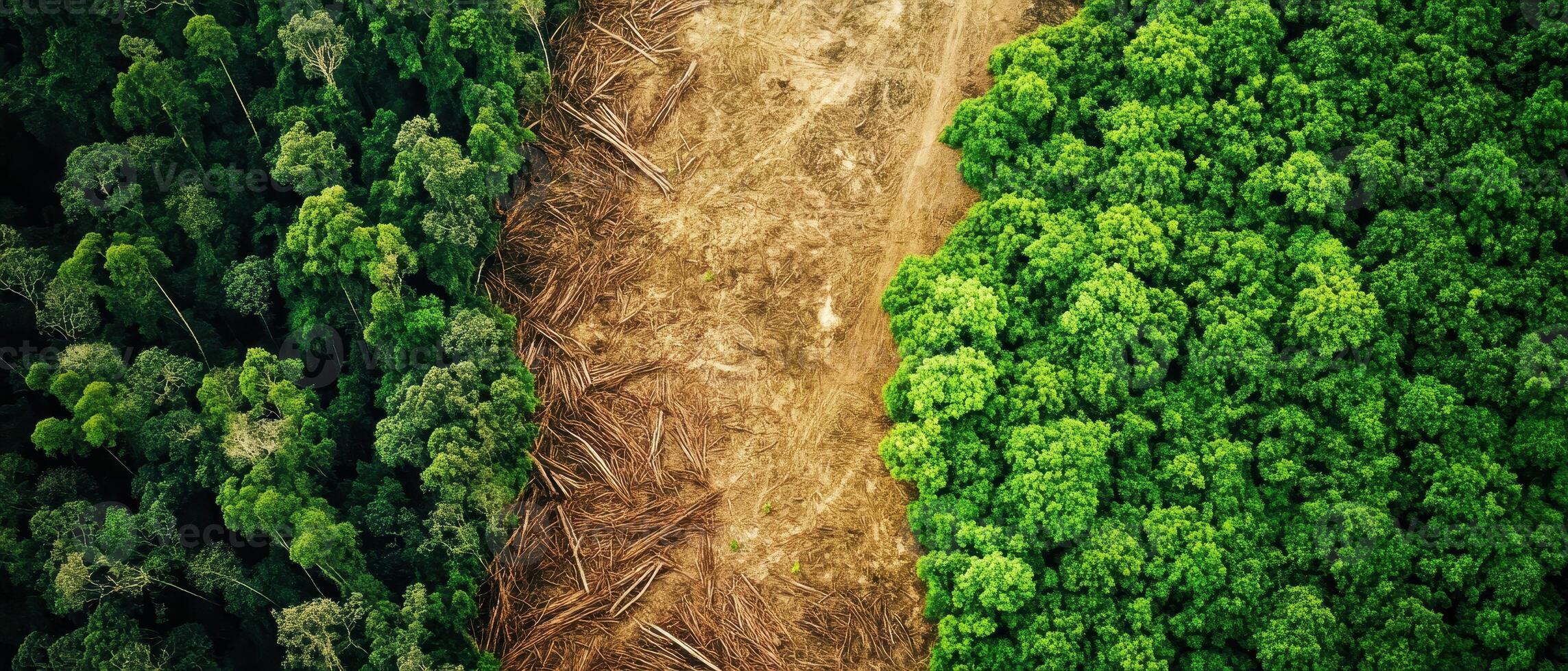 Aerial view showing a stark contrast between lush green forest and cleared land, highlighting deforestation issues. photo
