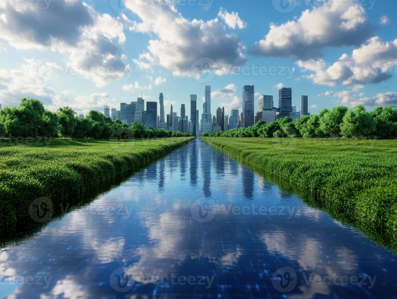Modern City Skyline Reflected in Tranquil River with Lush Greenery and Blue Sky photo
