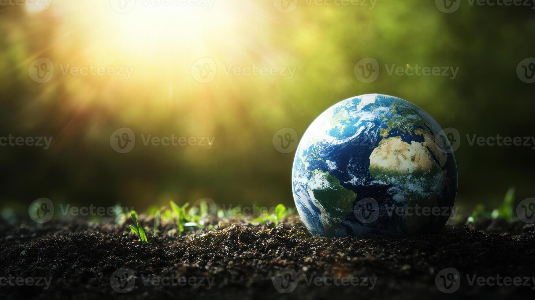 Earth Globe on Soil with Sunlight and Greenery in the Background - Environmental Conservation Concept photo
