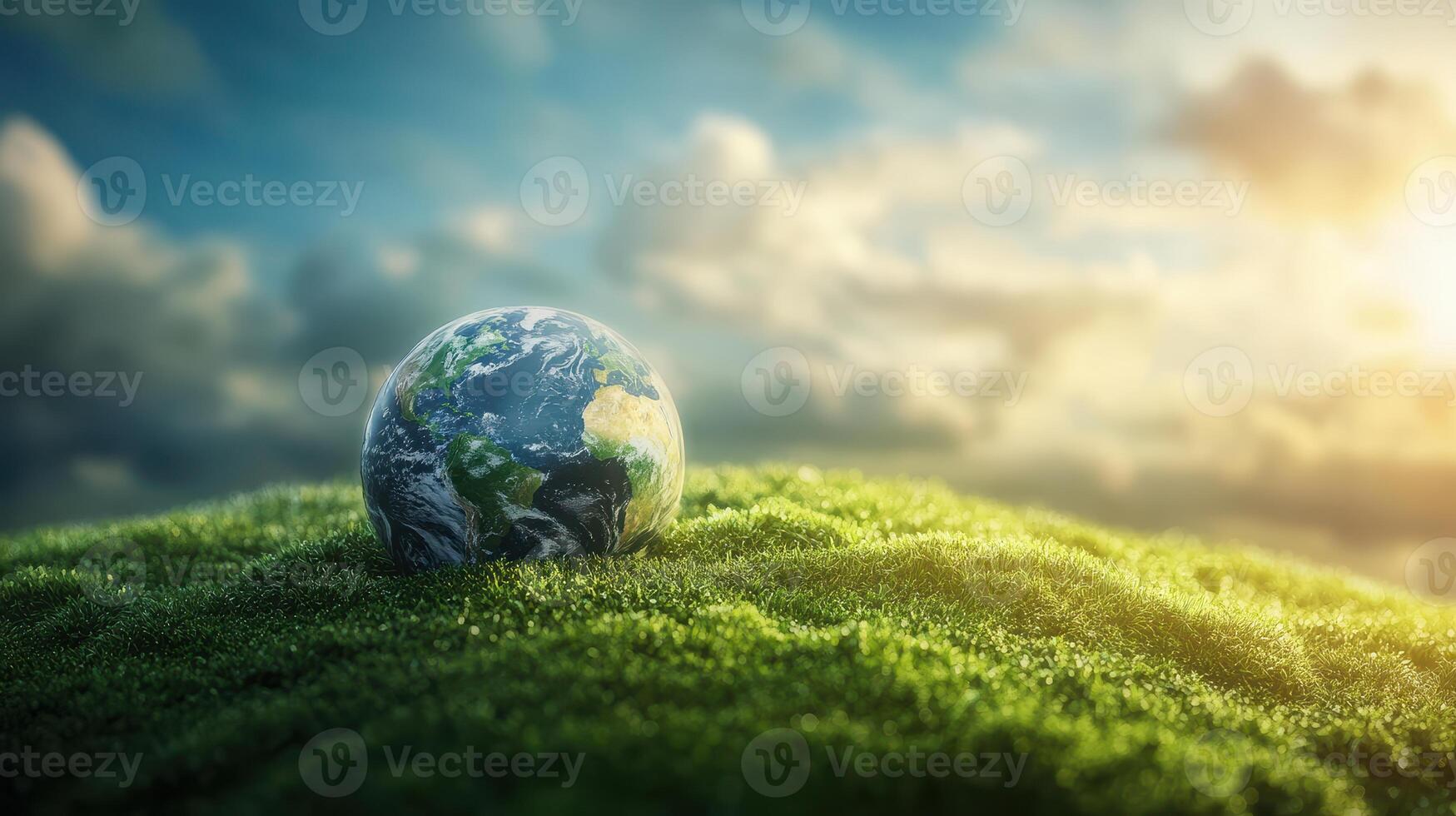 Stunning Earth Globe on Lush Green Grass with Dramatic Cloudy Sky in the Background photo